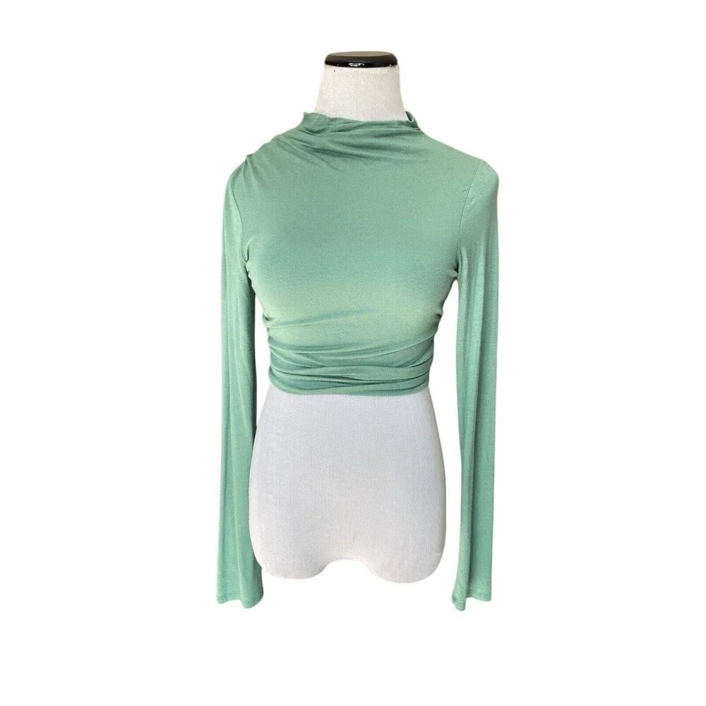Free People Beach Womens Cierra Long Sleeve Crop Top Size S Green Open Back Mock